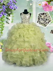 Vintage Scoop Light Yellow Ball Gowns Ruffles and Sequins Kids Pageant Dress Zipper Organza Sleeveless Floor Length