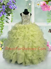 Vintage Scoop Light Yellow Ball Gowns Ruffles and Sequins Kids Pageant Dress Zipper Organza Sleeveless Floor Length