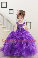 Sleeveless Floor Length Beading and Ruffles Lace Up Child Pageant Dress with Purple