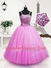 Exquisite Sleeveless Tulle Floor Length Zipper Girls Pageant Dresses in Hot Pink with Beading and Sequins