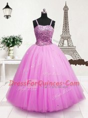 Exquisite Sleeveless Tulle Floor Length Zipper Girls Pageant Dresses in Hot Pink with Beading and Sequins
