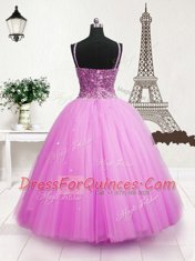 Exquisite Sleeveless Tulle Floor Length Zipper Girls Pageant Dresses in Hot Pink with Beading and Sequins