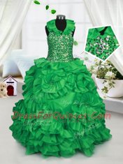 Halter Top Green Zipper Flower Girl Dresses for Less Beading and Ruffles Sleeveless Floor Length