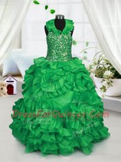 Halter Top Green Zipper Flower Girl Dresses for Less Beading and Ruffles Sleeveless Floor Length