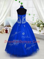 Halter Top Floor Length A-line Sleeveless Blue Little Girl Pageant Dress Lace Up