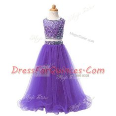 Ideal Scoop Lavender Sleeveless Floor Length Beading Zipper Flower Girl Dresses for Less