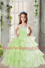 Square Sleeveless Organza Girls Pageant Dresses Lace and Ruffled Layers Lace Up