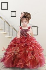 Watermelon Red Lace Up Child Pageant Dress Beading and Ruffles Sleeveless Floor Length