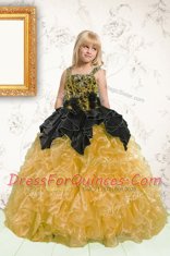 Pretty Floor Length Gold Flower Girl Dress Organza Sleeveless Beading and Pick Ups