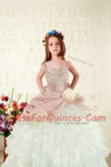 Dramatic Peach Ball Gowns Straps Sleeveless Organza Floor Length Lace Up Beading and Ruffled Layers and Hand Made Flower Girls Pageant Dresses