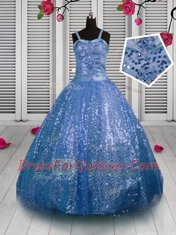 Enchanting Sequins Ball Gowns Kids Formal Wear Baby Blue Straps Sequined Sleeveless Floor Length Lace Up