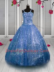 Enchanting Sequins Ball Gowns Kids Formal Wear Baby Blue Straps Sequined Sleeveless Floor Length Lace Up