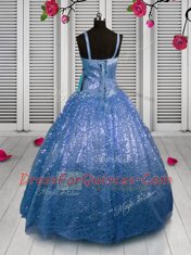 Enchanting Sequins Ball Gowns Kids Formal Wear Baby Blue Straps Sequined Sleeveless Floor Length Lace Up