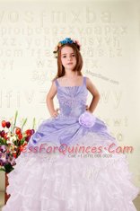 Pretty Sleeveless Floor Length Beading and Ruffled Layers and Hand Made Flower Lace Up Child Pageant Dress with Lavender