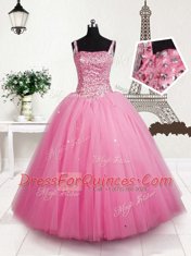 Custom Fit Beading and Sequins Girls Pageant Dresses Baby Pink Lace Up Sleeveless Floor Length
