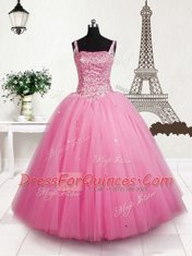 Custom Fit Beading and Sequins Girls Pageant Dresses Baby Pink Lace Up Sleeveless Floor Length