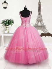 Custom Fit Beading and Sequins Girls Pageant Dresses Baby Pink Lace Up Sleeveless Floor Length