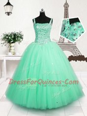 Sophisticated Turquoise Ball Gowns Straps Sleeveless Tulle Floor Length Lace Up Beading and Sequins Child Pageant Dress