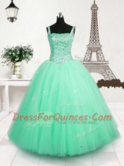Sophisticated Turquoise Ball Gowns Straps Sleeveless Tulle Floor Length Lace Up Beading and Sequins Child Pageant Dress