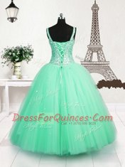 Sophisticated Turquoise Ball Gowns Straps Sleeveless Tulle Floor Length Lace Up Beading and Sequins Child Pageant Dress