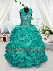 Amazing Turquoise Ball Gowns Taffeta Halter Top Sleeveless Beading and Ruffles Floor Length Zipper Girls Pageant Dresses