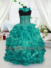 Amazing Turquoise Ball Gowns Taffeta Halter Top Sleeveless Beading and Ruffles Floor Length Zipper Girls Pageant Dresses