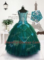 Modest Teal Lace Up Straps Beading and Belt Little Girls Pageant Dress Tulle Sleeveless