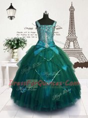 Modest Teal Lace Up Straps Beading and Belt Little Girls Pageant Dress Tulle Sleeveless