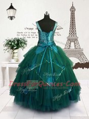 Modest Teal Lace Up Straps Beading and Belt Little Girls Pageant Dress Tulle Sleeveless