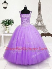 Lilac Lace Up Straps Beading and Sequins Little Girl Pageant Gowns Tulle Sleeveless