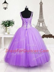 Lilac Lace Up Straps Beading and Sequins Little Girl Pageant Gowns Tulle Sleeveless