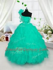 One Shoulder Sleeveless Organza Little Girls Pageant Dress Wholesale Embroidery and Ruffles Lace Up