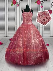 Watermelon Red Straps Lace Up Beading and Sequins Little Girls Pageant Dress Wholesale Sleeveless