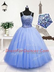 Edgy Light Blue Sleeveless Floor Length Beading and Sequins Zipper Pageant Gowns For Girls