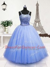 Edgy Light Blue Sleeveless Floor Length Beading and Sequins Zipper Pageant Gowns For Girls