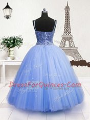 Edgy Light Blue Sleeveless Floor Length Beading and Sequins Zipper Pageant Gowns For Girls