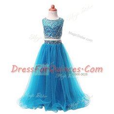Scoop Sleeveless Floor Length Beading Zipper Flower Girl Dress with Aqua Blue