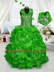 Halter Top Sleeveless Taffeta Floor Length Zipper Child Pageant Dress in with Beading and Ruffles