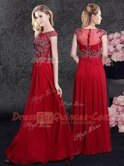 Fantastic Scoop Chiffon Cap Sleeves Floor Length Prom Dresses and Appliques