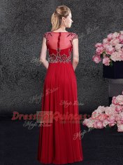 Fantastic Scoop Chiffon Cap Sleeves Floor Length Prom Dresses and Appliques