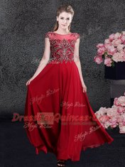 Fantastic Scoop Chiffon Cap Sleeves Floor Length Prom Dresses and Appliques