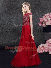 Fantastic Scoop Chiffon Cap Sleeves Floor Length Prom Dresses and Appliques