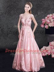 Scoop Organza Cap Sleeves Floor Length Prom Dresses and Appliques