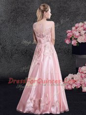 Scoop Organza Cap Sleeves Floor Length Prom Dresses and Appliques