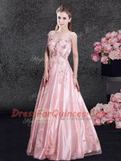 Scoop Organza Cap Sleeves Floor Length Prom Dresses and Appliques