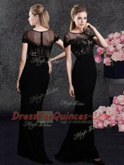 Flare Black Column/Sheath Scoop Short Sleeves Elastic Woven Satin With Train Sweep Train Zipper Appliques and Sequins Prom Evening Gown