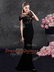 Flare Black Column/Sheath Scoop Short Sleeves Elastic Woven Satin With Train Sweep Train Zipper Appliques and Sequins Prom Evening Gown