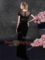 Flare Black Column/Sheath Scoop Short Sleeves Elastic Woven Satin With Train Sweep Train Zipper Appliques and Sequins Prom Evening Gown