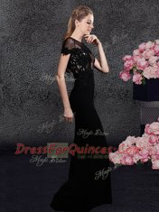 Flare Black Column/Sheath Scoop Short Sleeves Elastic Woven Satin With Train Sweep Train Zipper Appliques and Sequins Prom Evening Gown