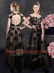Suitable Black Tulle Backless Sweetheart Short Sleeves Ankle Length Prom Evening Gown Appliques
